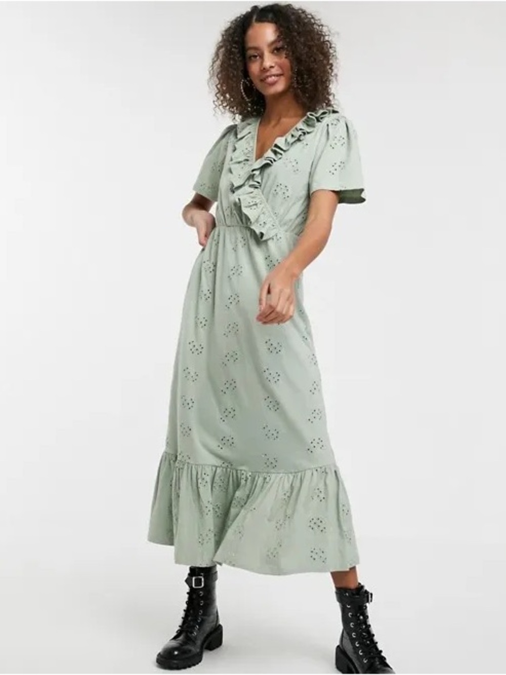 ASOS Green Eyelet Ruffle Wrap Midi Dress